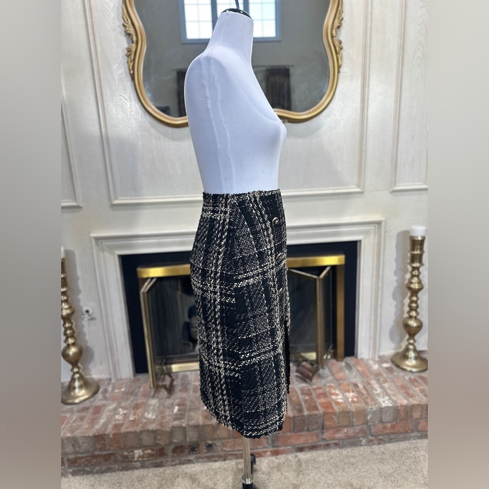 Fate Women’s Tweed Plaid Skirt Black Cream Bouclé Military Button Front‎ S NWT - Picture 5 of 10